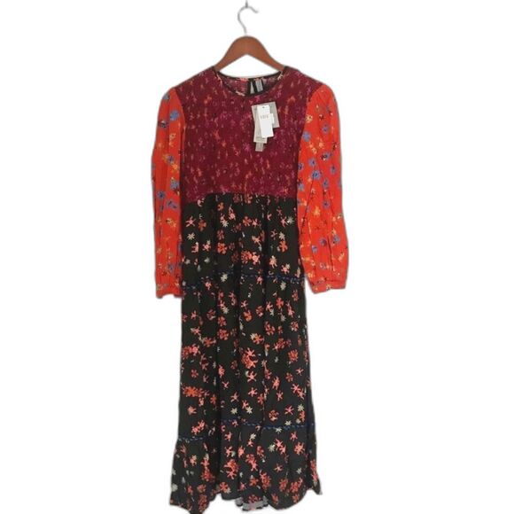 Anthropologie Bl-nk Autumn Floral Print Smocked Tiered dress in Small Petite NWT - Picture 5 of 6